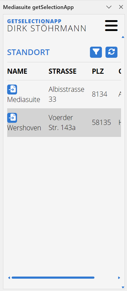 «getSelectionApp» - Standort Auswahl