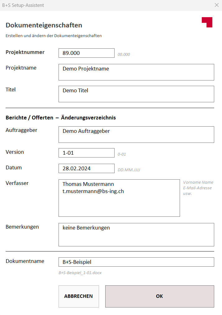 Word-Setup-Asssistent, Metadaten