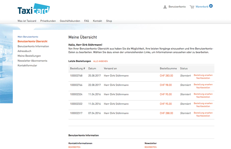 Screenshot Webshop Benutzerkonto